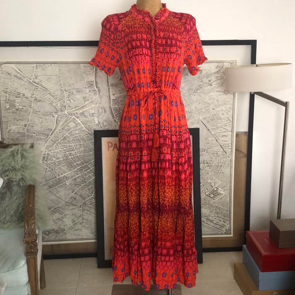 Free People Vibrant Orange & Pink Tiered Maxi Dress with Tassel Tie Size L